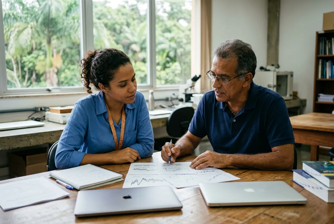 Two researchers discuss study results at a Brazilian university laboratory
