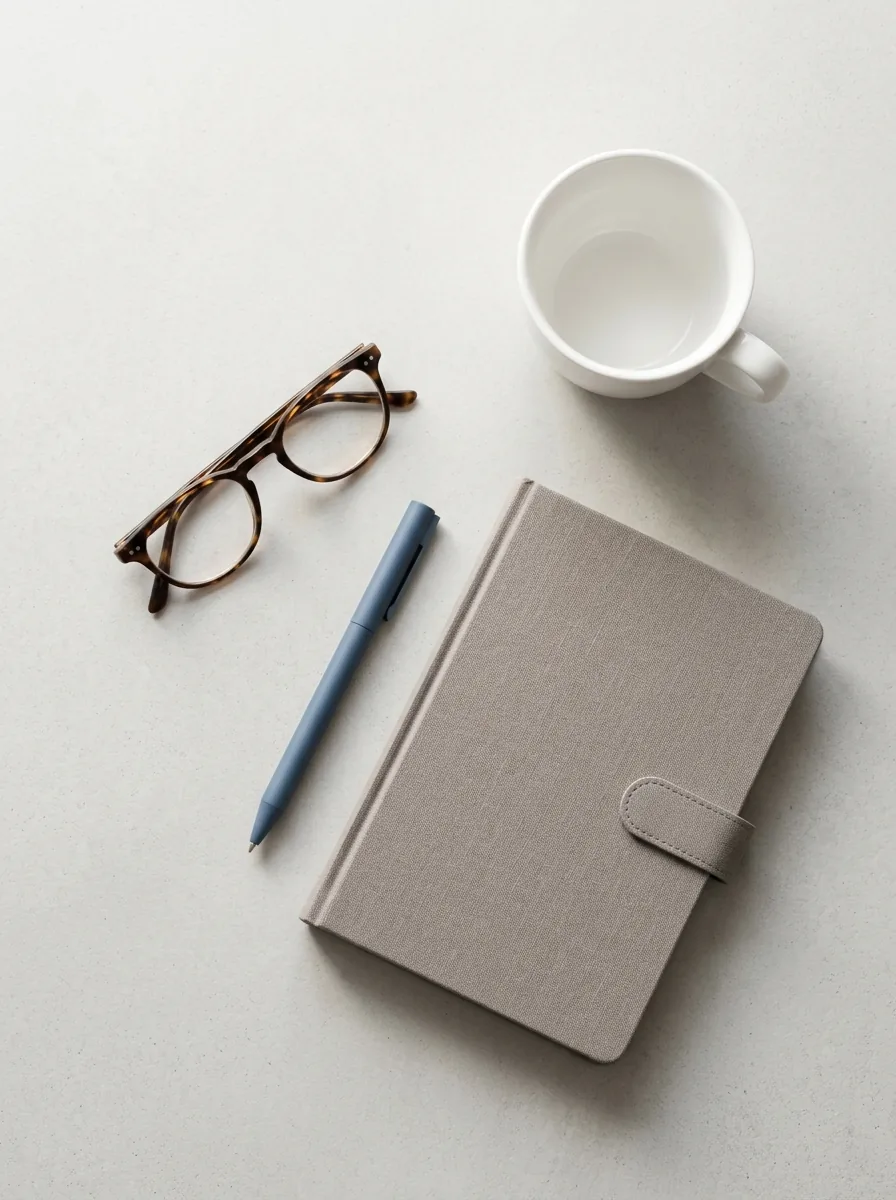 Overhead view of a closed notebook, a pen, reading glasses and a white cup on a pale grey surface.