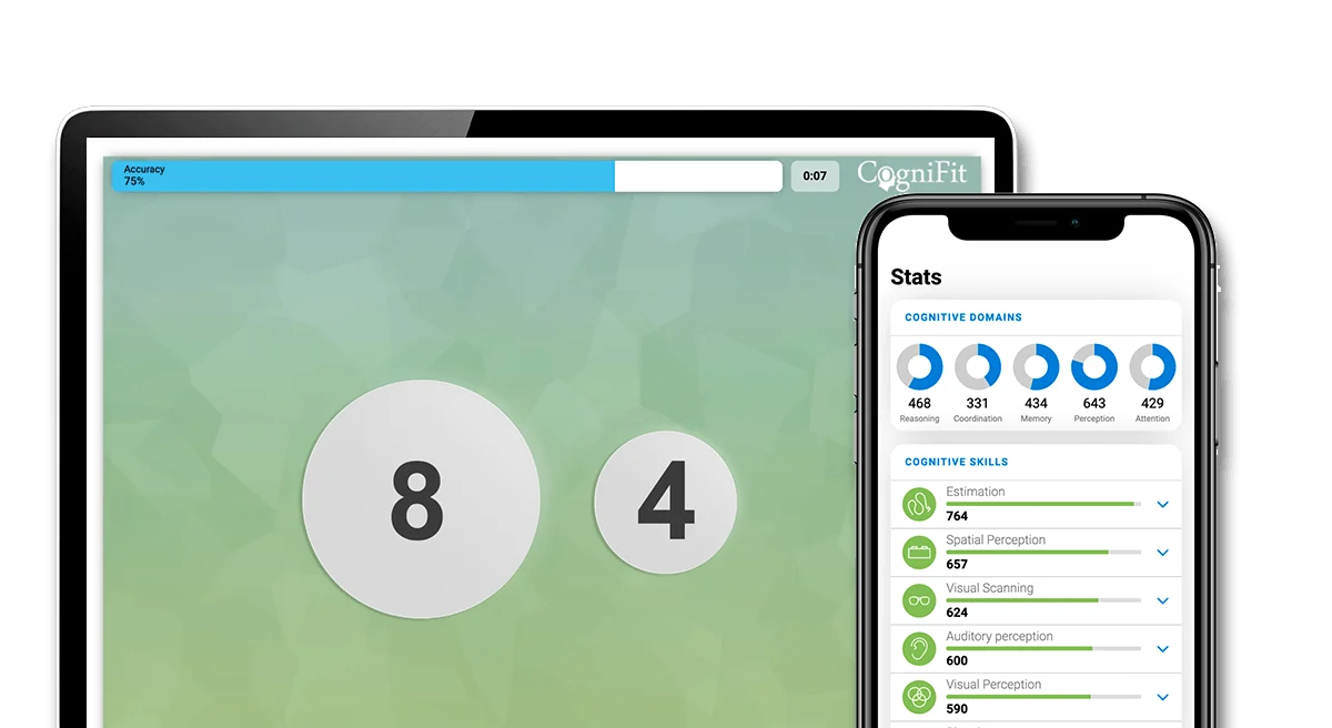 Evaluación cognitiva de CogniFit en curso en una tableta y, en un móvil, los resultados por dominios y habilidades cognitivas