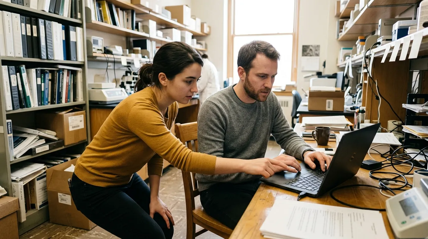 A young researcher guiding an adult participant who works on a laptop in a university lab