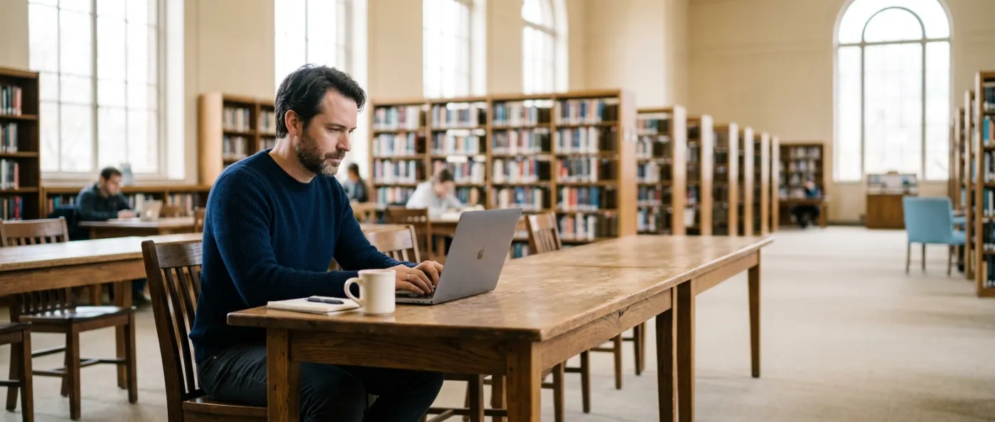 A man leans toward his laptop at a table in a quiet library, absorbed in the screen.