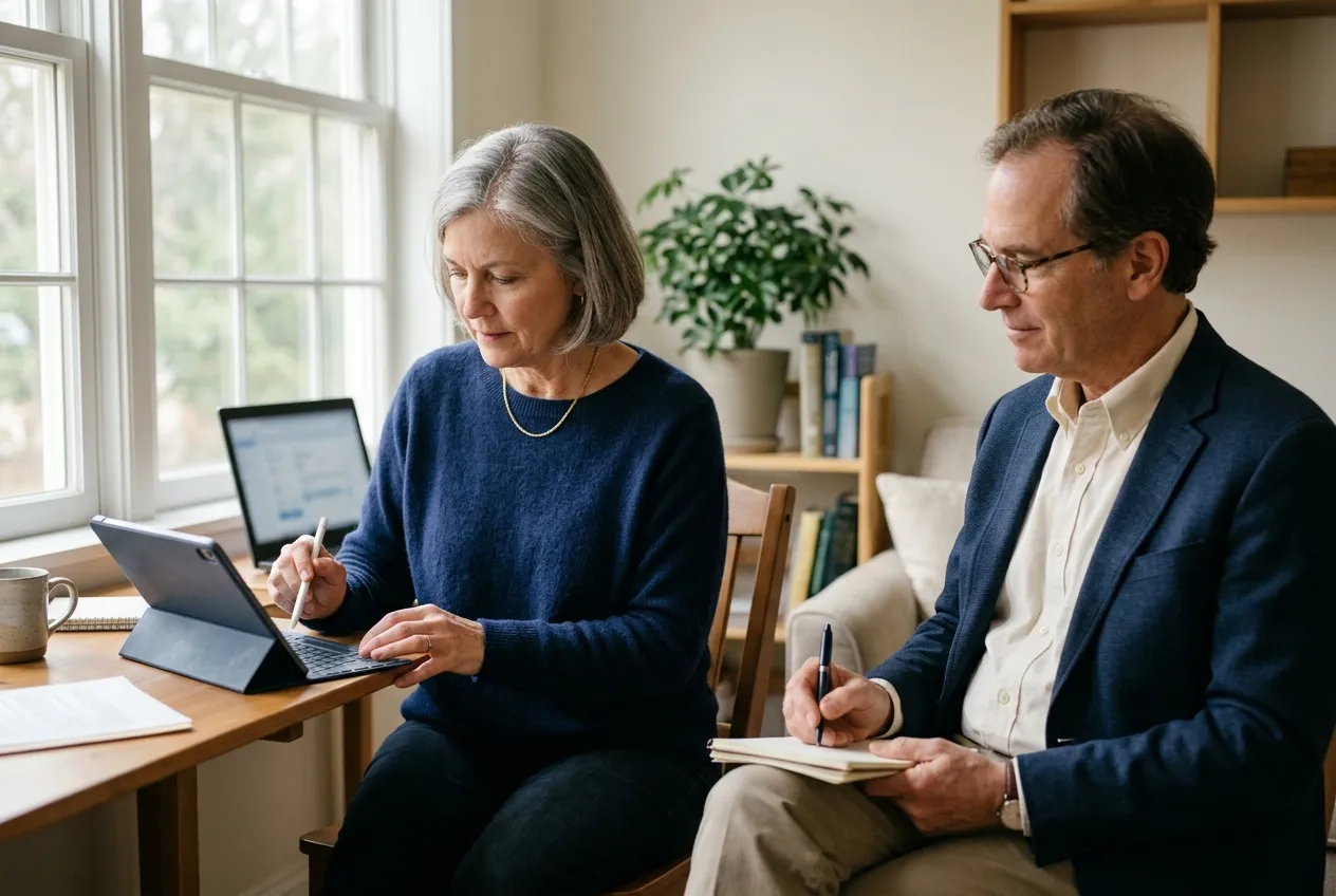 A patient completes a digital assessment on a tablet while her psychologist takes notes