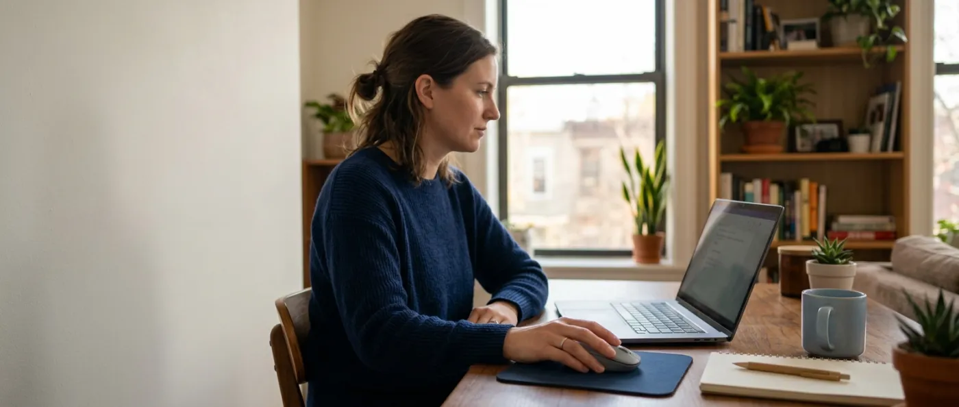 A person at a home-office desk tapping a mouse button with one finger, hand resting still