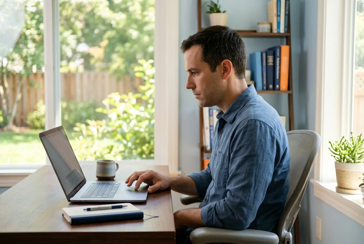 A man concentrates on a laptop at a desk in a sunlit home office.