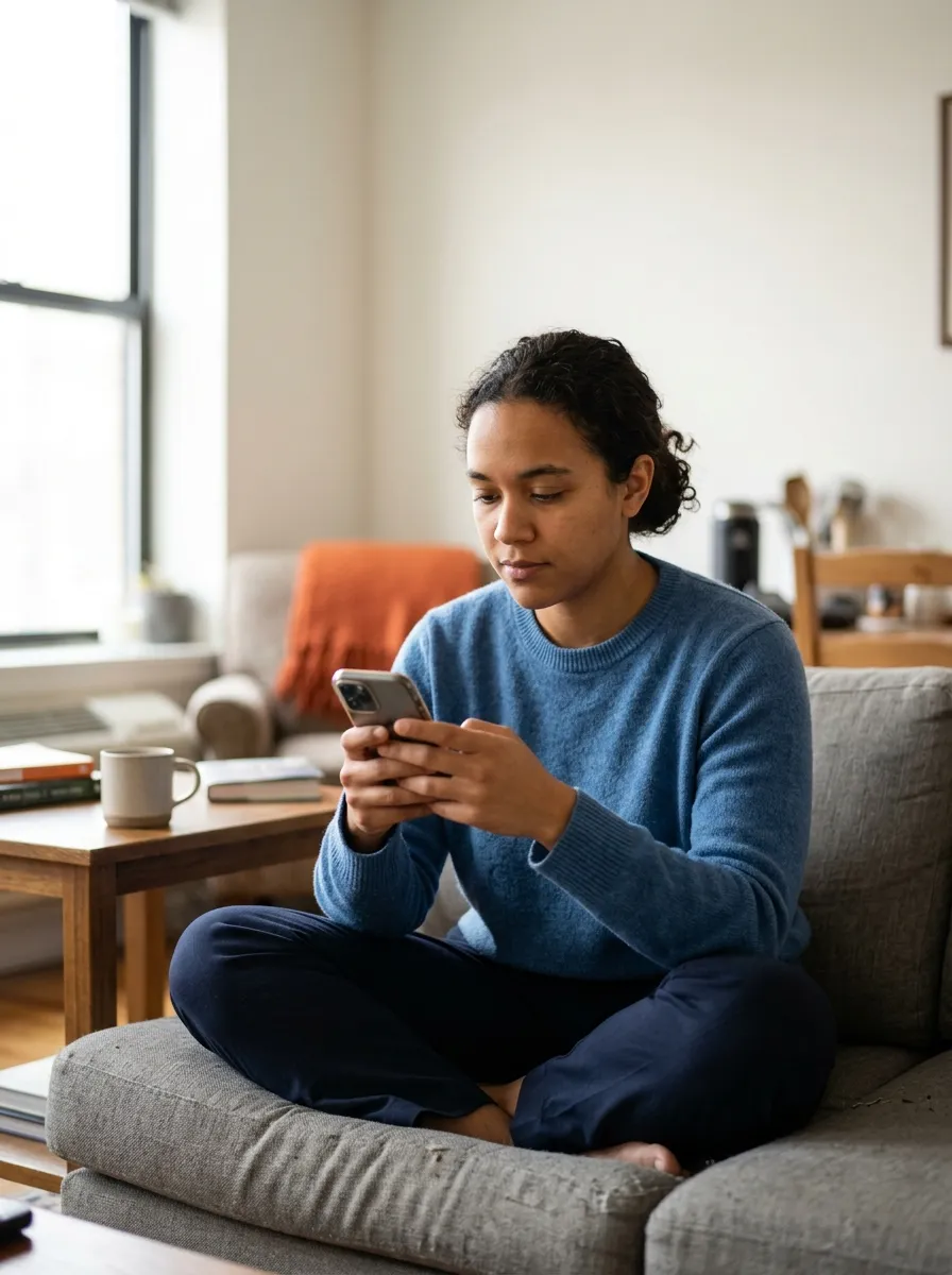 A person on a sofa holds a phone in both hands, thumbs ready, focused on answering the task.