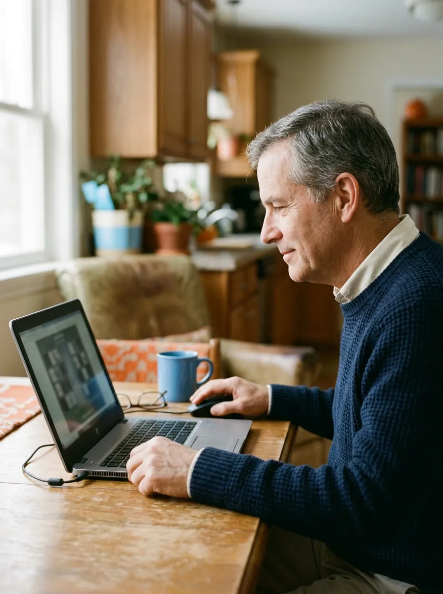 Ein Mann am Küchentisch spielt auf dem Laptop eine CogniFit-Trainingssitzung