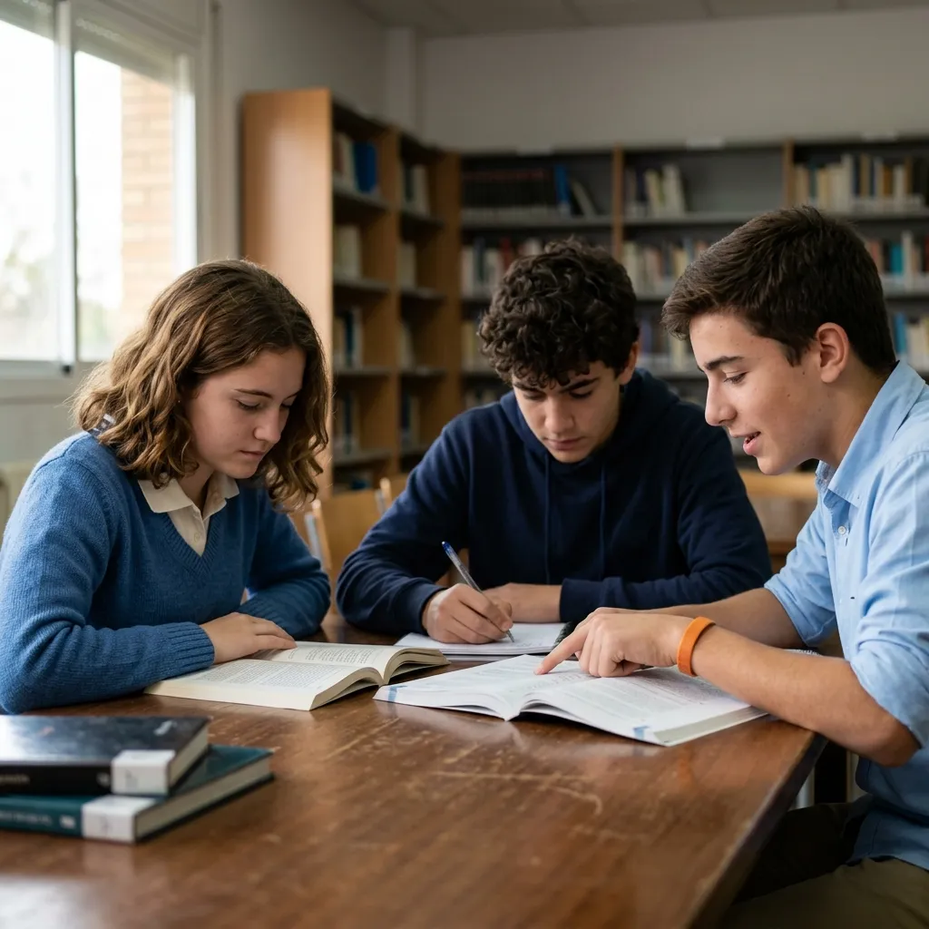 Tres estudiantes de 15 y 16 años leen, toman notas y comentan ideas en la biblioteca de su instituto