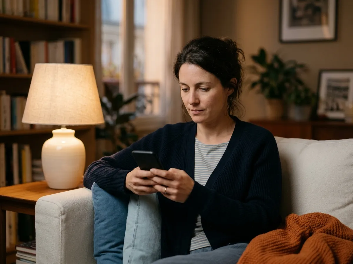 An employee does a short exercise on her phone at home