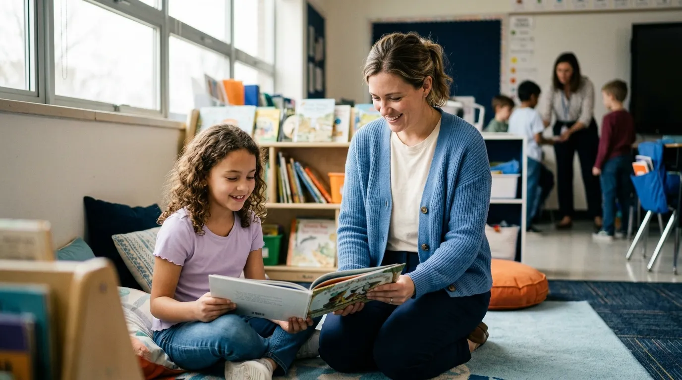 A school counselor kneels beside a girl and they look at a book together in a classroom