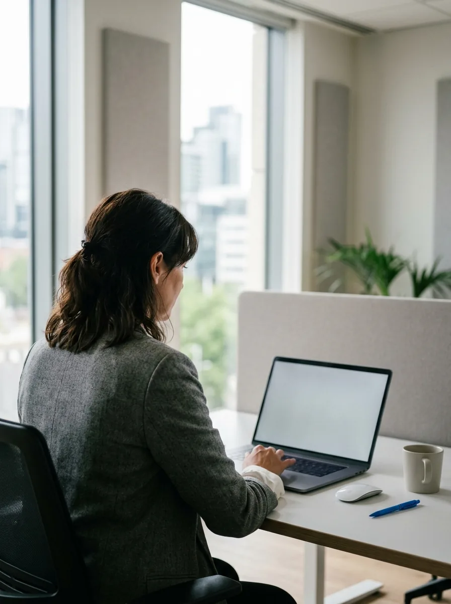 A professional works at a laptop in a bright, uncluttered office, seen over her shoulder.