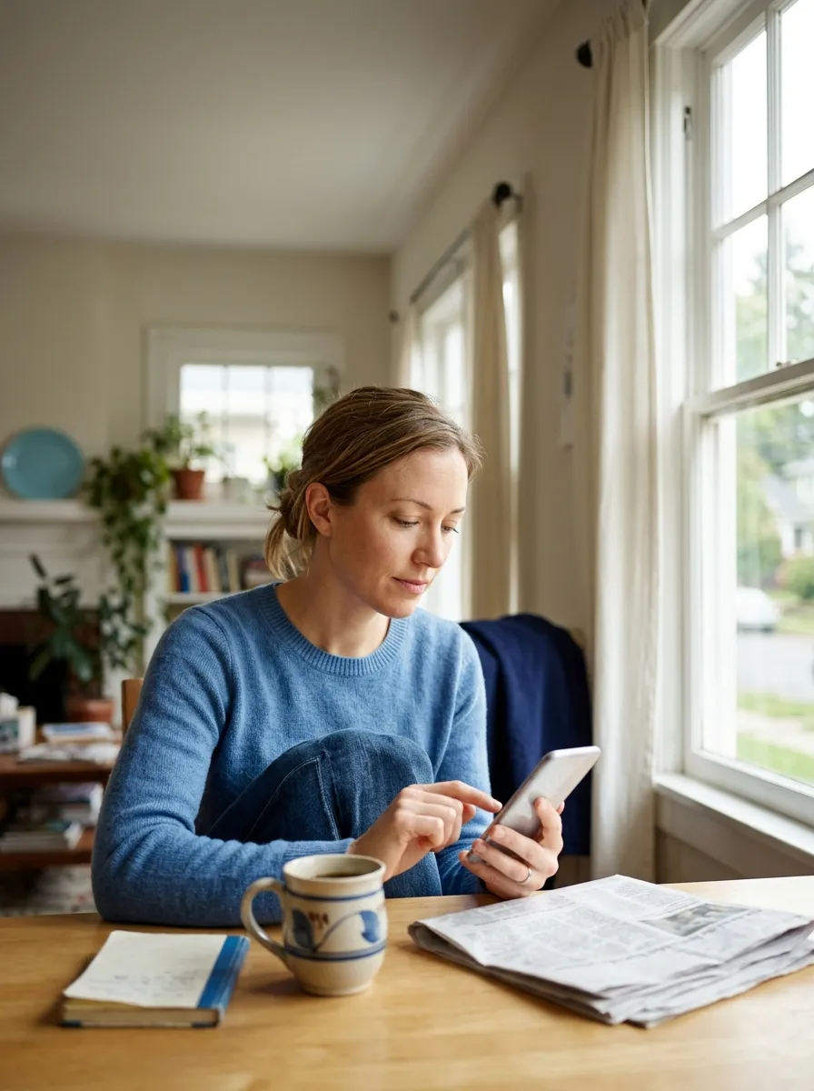 A woman sits at her kitchen table, concentrating as she taps the screen of her phone.