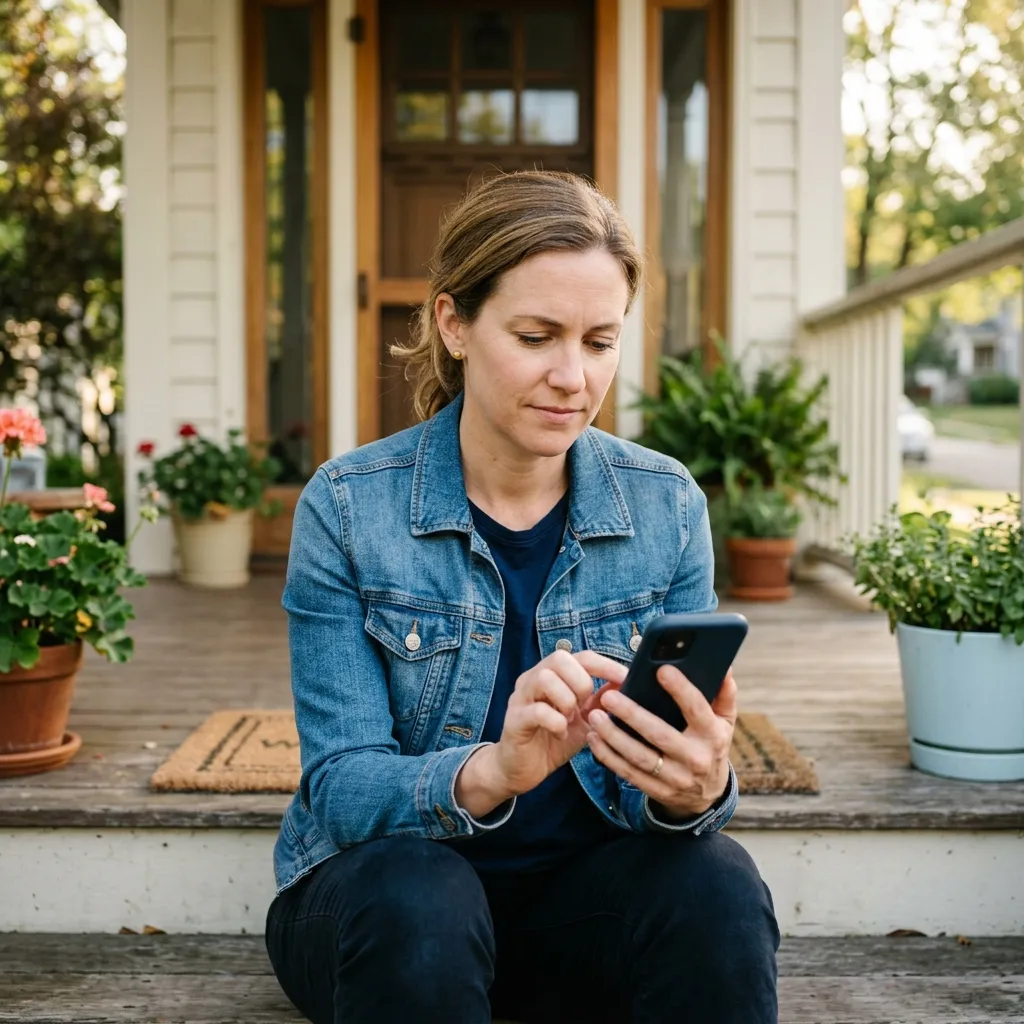 A woman sits on her front porch steps, concentrating as she taps her phone.
