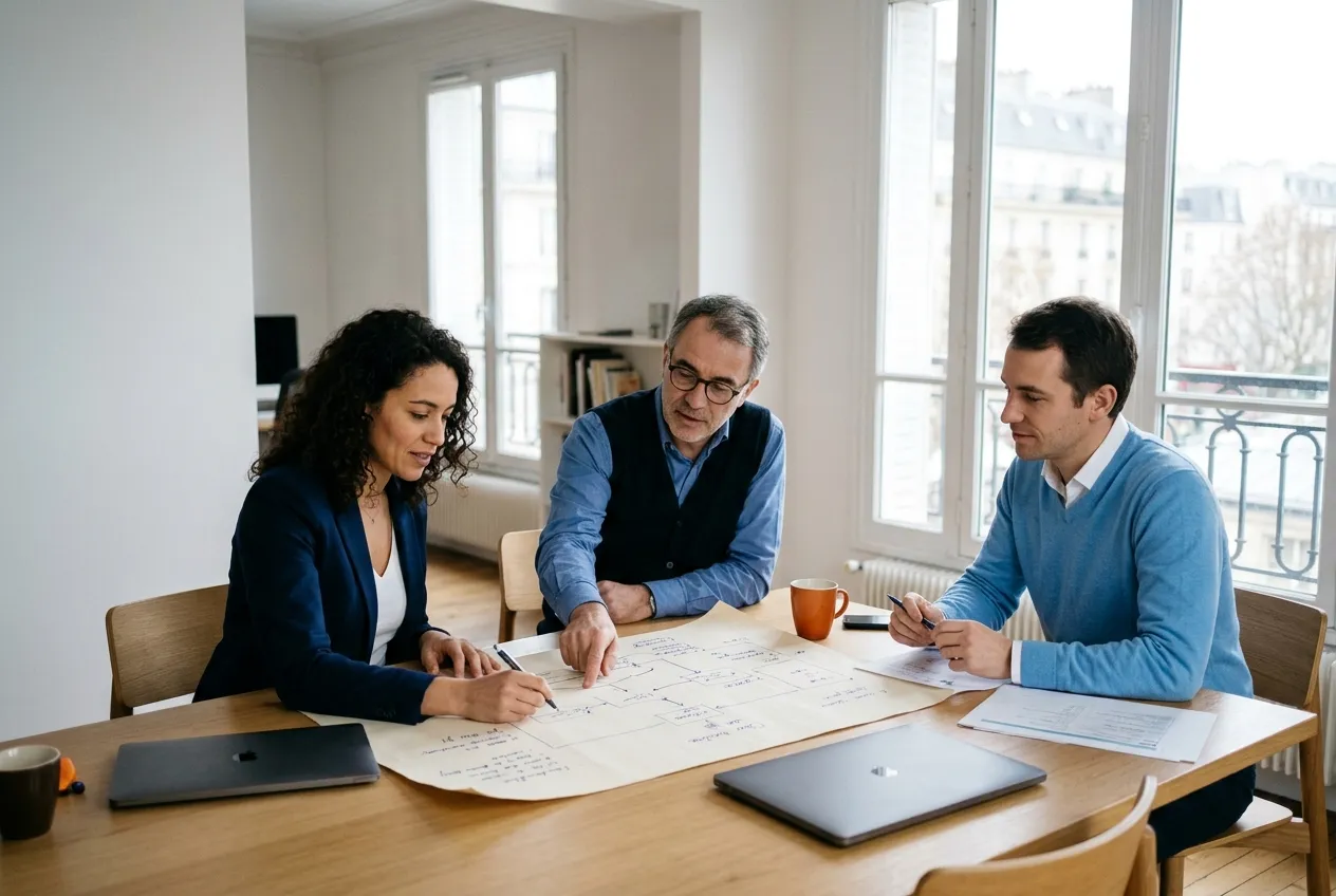 A product manager, a physician and an engineer sketch a workflow together