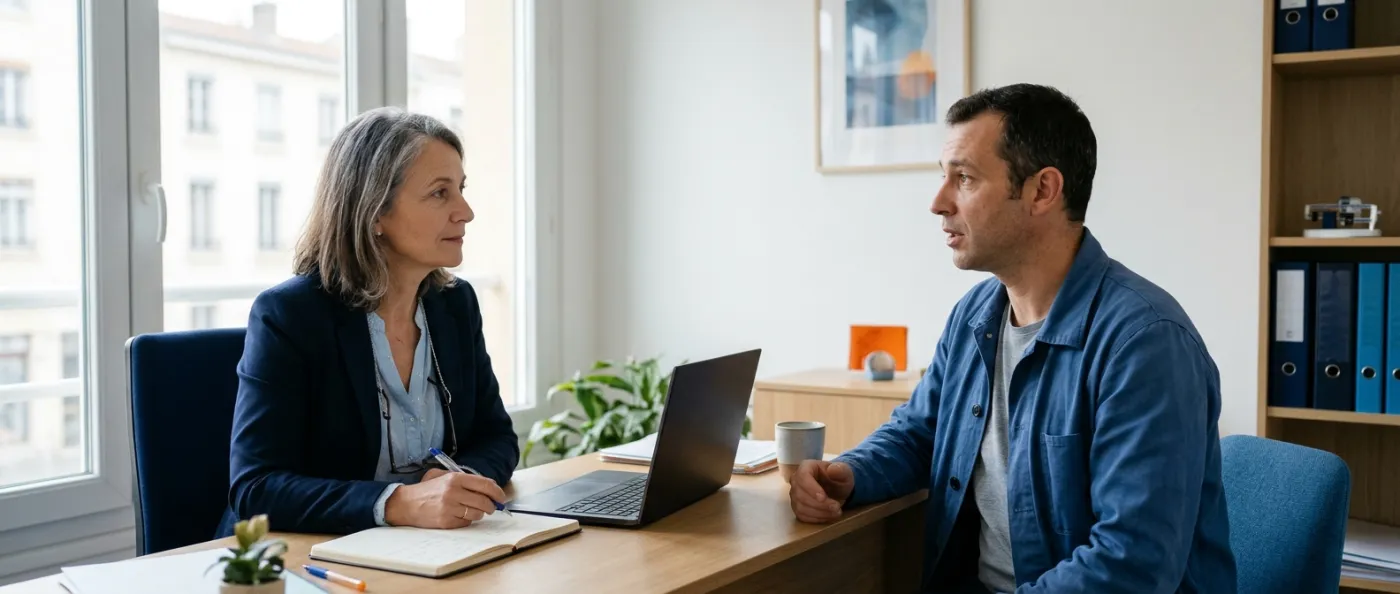 An occupational health physician listens to an employee during a follow-up consultation
