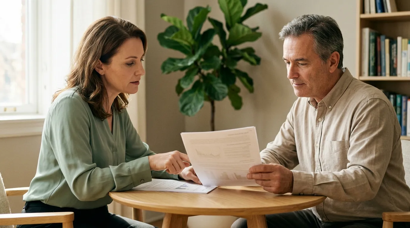 A psychiatrist and an adult man reading a printed report together at a small round table