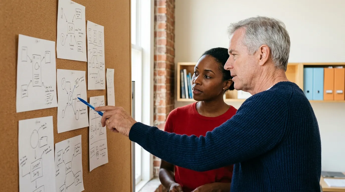 Two product team members discuss paper sketches pinned on a wall in an office