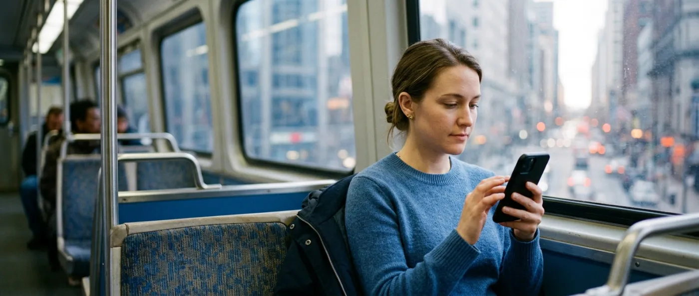 A woman sitting by a train window taps quickly on her phone, fully focused on the screen.