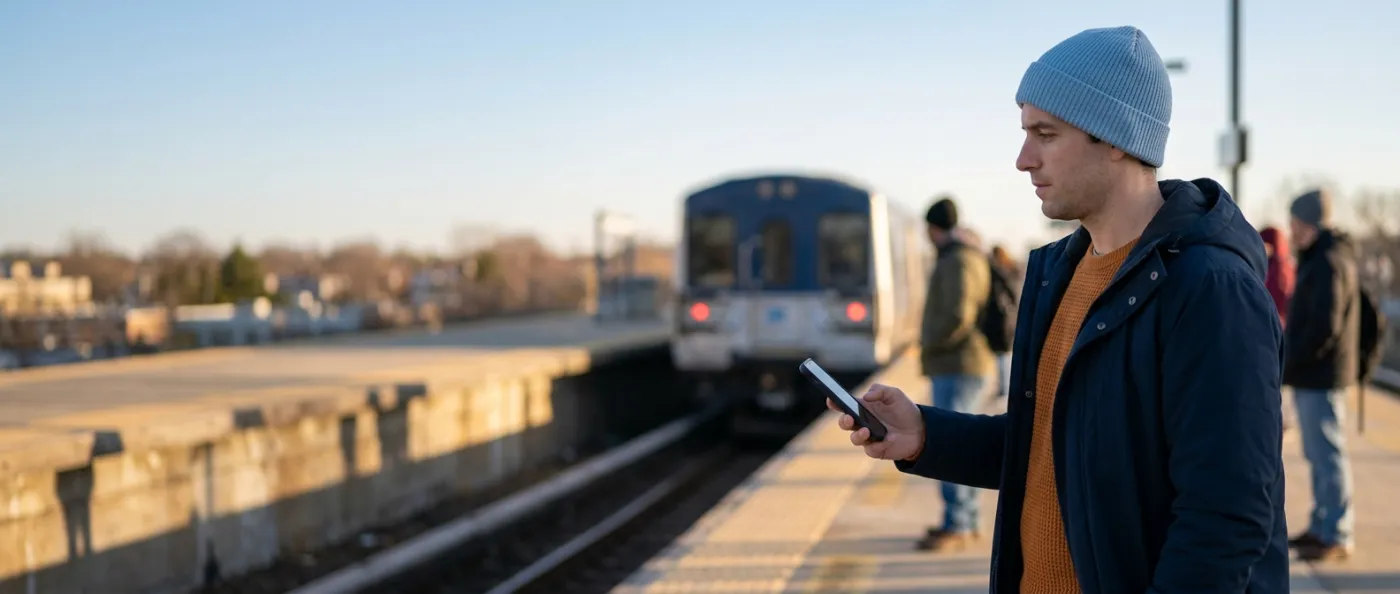 A commuter on a train platform holds a phone, thumb hovering just above the screen, concentrating.