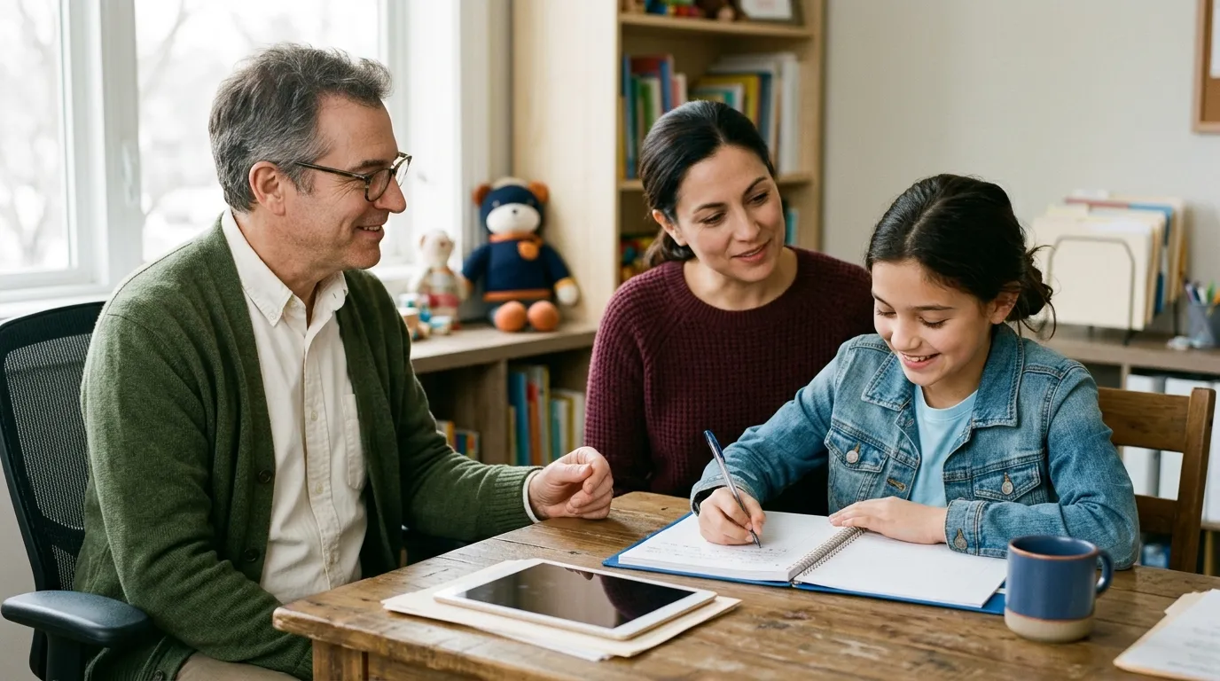 A neuropsychologist talks with a mother and her smiling daughter in a clinic office