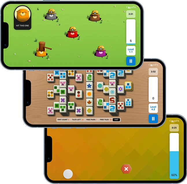 Drei CogniFit-Gehirnspiele auf Smartphones: Reaction Field, Mahjong und eine Tippaufgabe