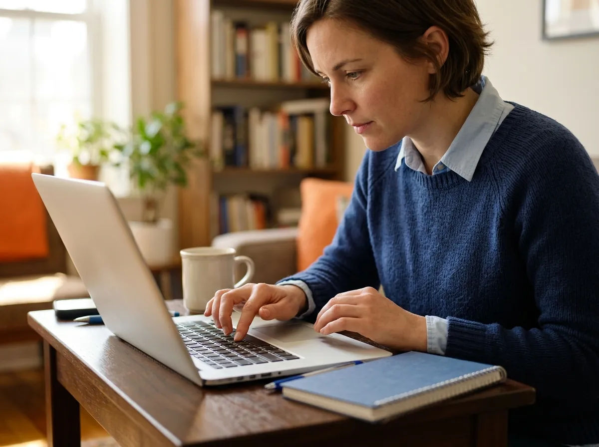 Someone at a home desk rests a finger on a laptop key, leaning in with quiet concentration.