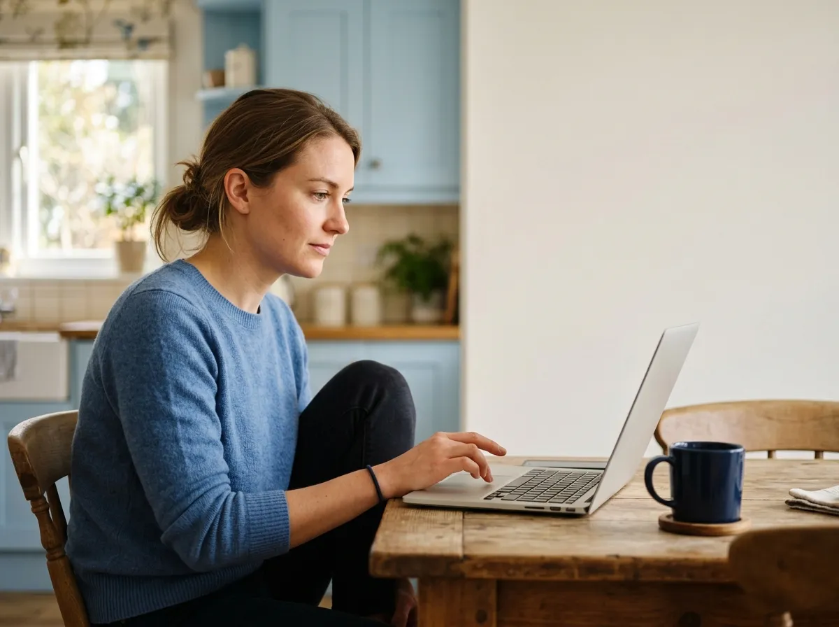 A woman concentrates on her laptop at a kitchen table in the morning light.