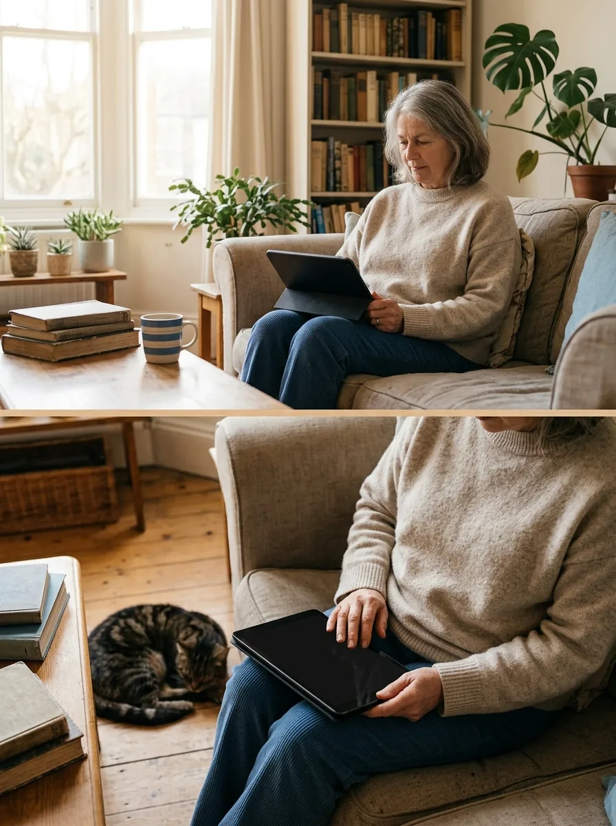 A woman in her sixties sits on a sofa at home with a tablet resting on her lap, in morning light.