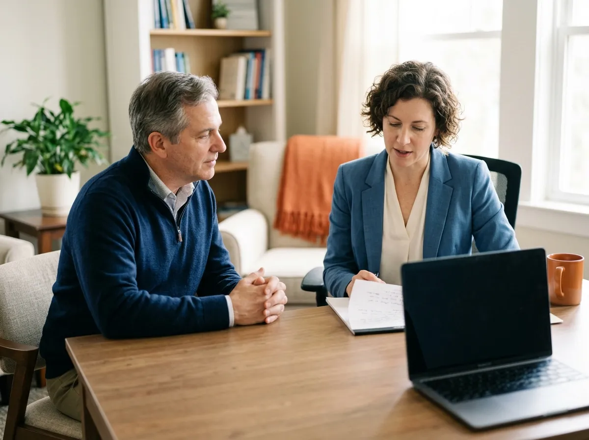 A neuropsychologist reviews a patient's results with him in her consulting room