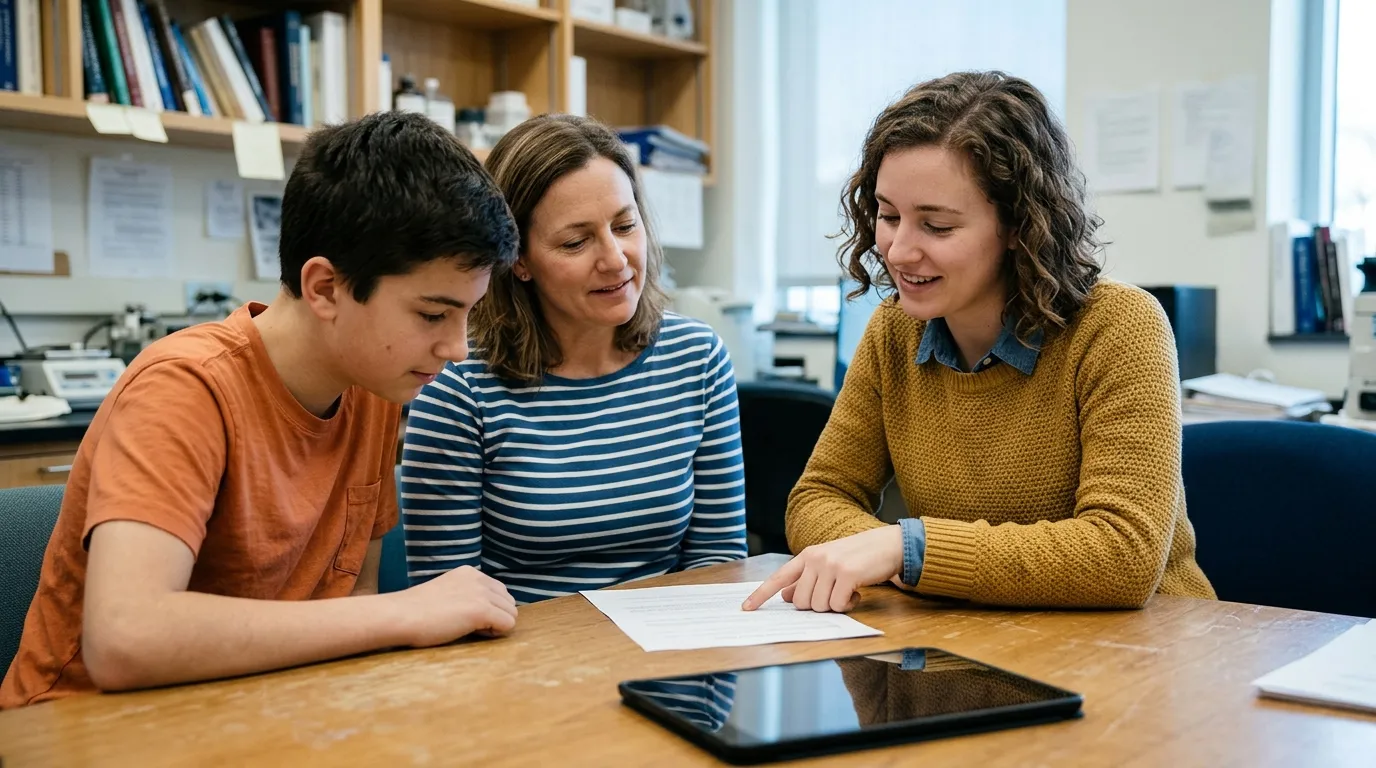 A researcher explains a paper form to a mother and her teenage son at a table