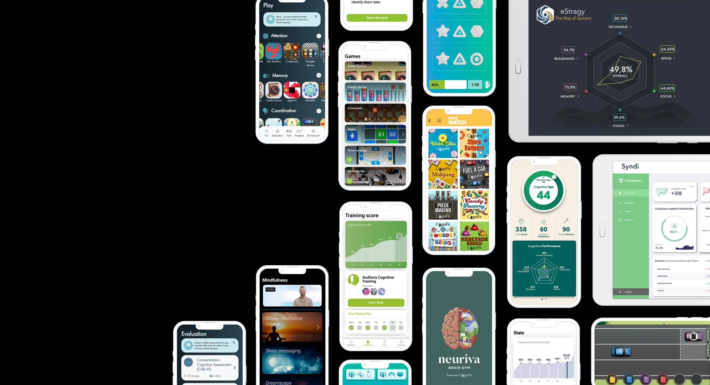 CogniFit inside partner products: phone and tablet screens of white-label apps with assessments, training scores, brain games and cognitive dashboards