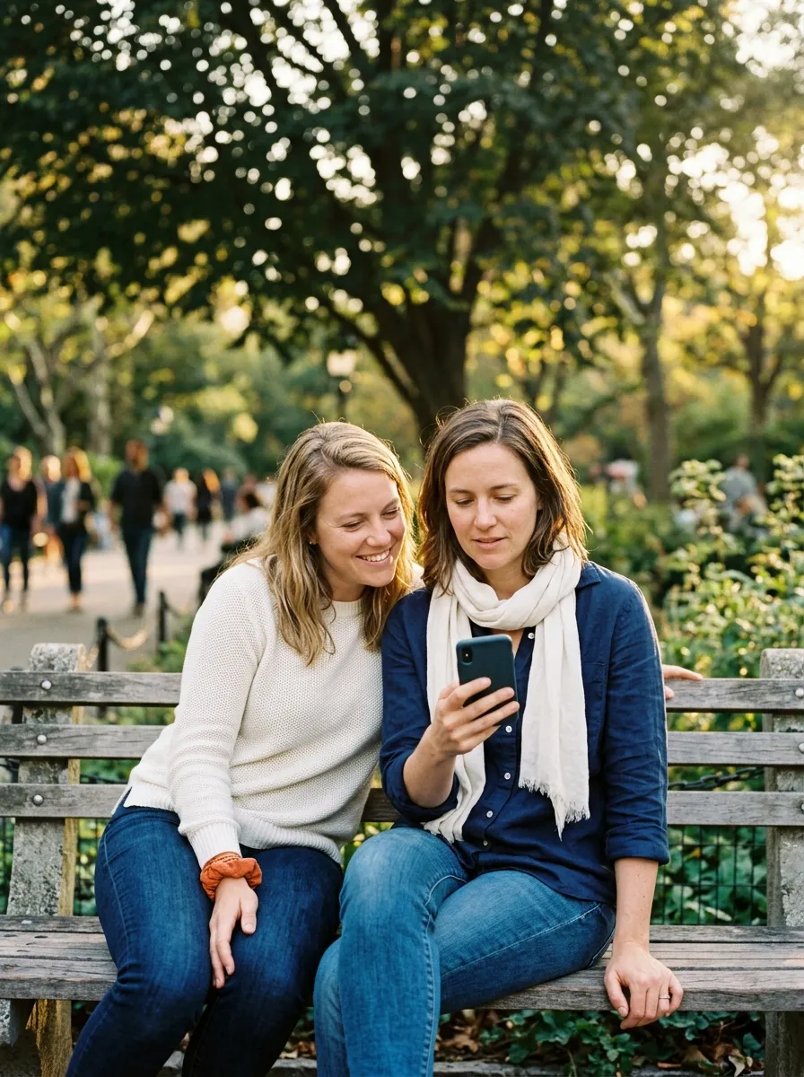 Two friends on a park bench in afternoon light, one answering questions on a phone while the other looks on and smiles.