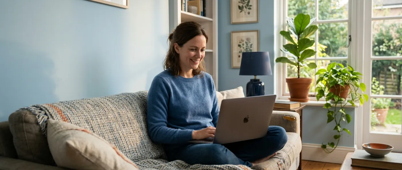 Eine Frau auf dem Wohnzimmersofa stellt ihrem KI-Assistenten auf dem Laptop eine Frage