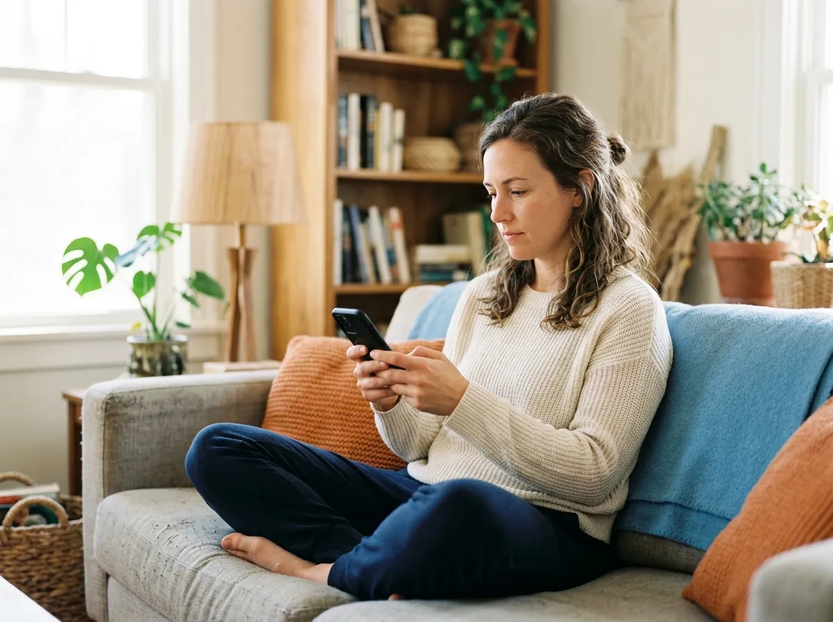 A person sitting on a sofa at home, concentrating on a phone held in both hands.