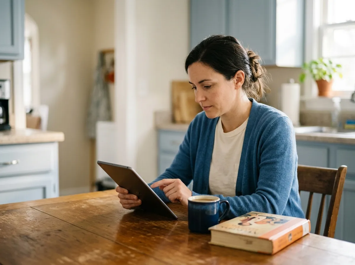 A person at a sunlit kitchen table answers questions on a tablet, a mug of coffee and a book beside them.