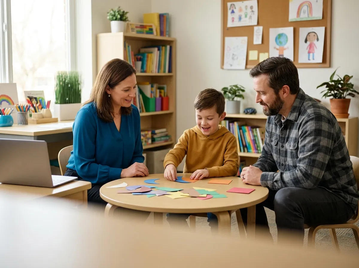 A school psychologist and a father sit with a boy who sorts colored shapes at a table in a sunny school office