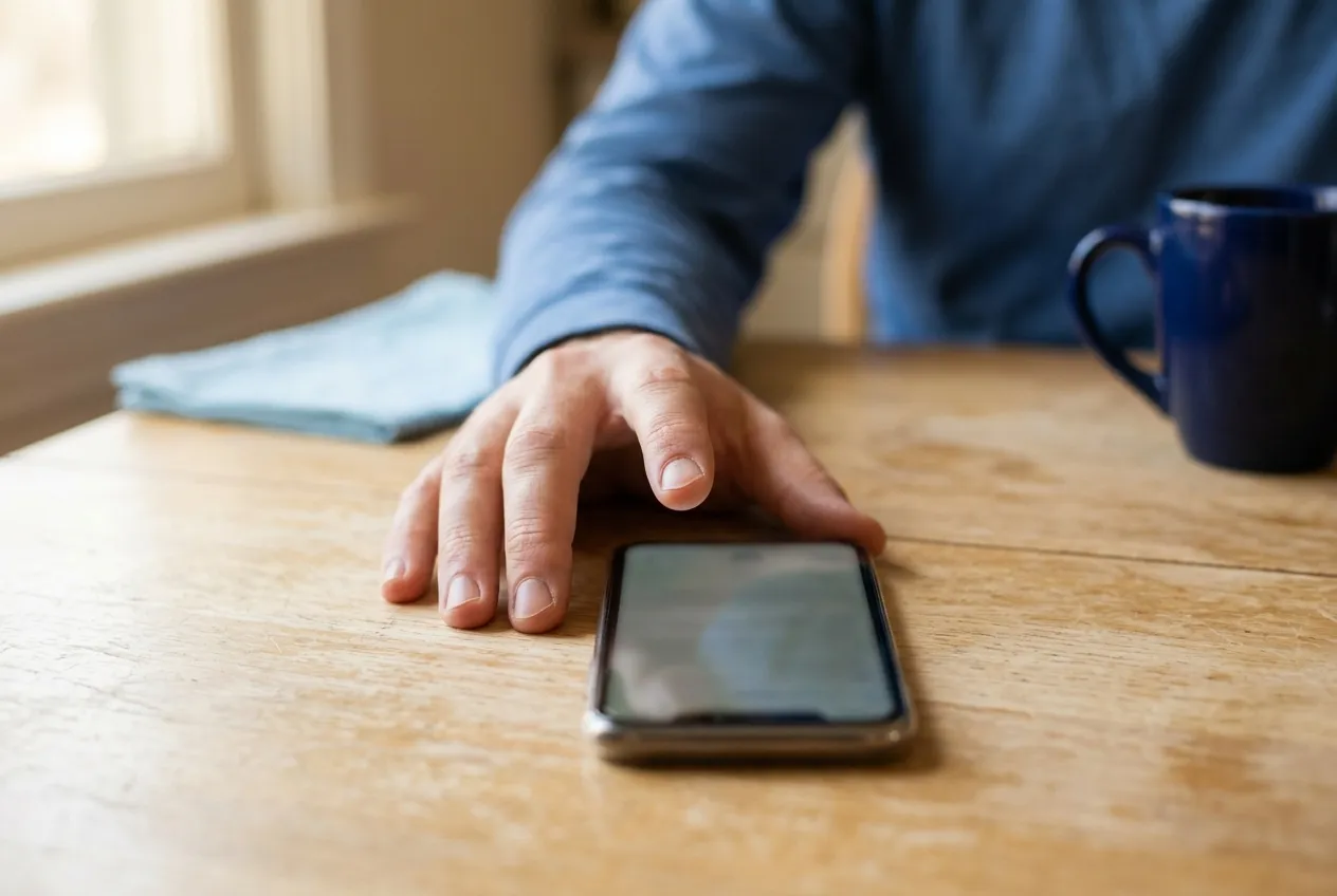 A hand resting flat on a kitchen table, the index finger tapping a phone lying on the table