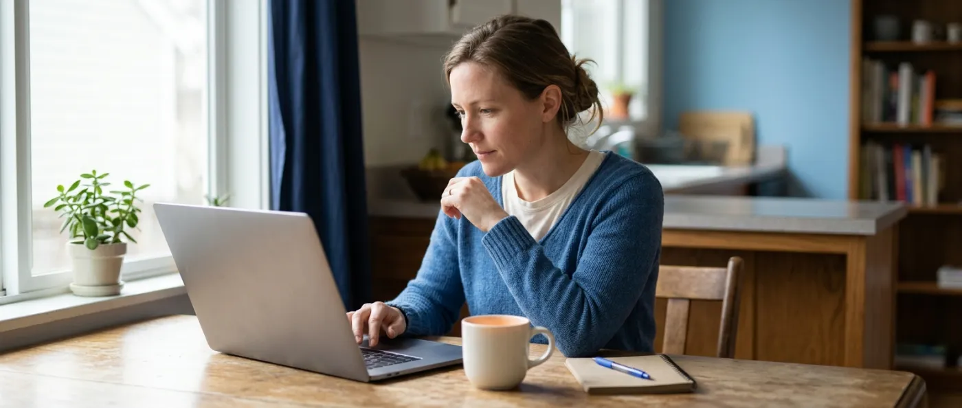 A person at a kitchen table leaning toward a laptop in soft morning light, focused on the task.
