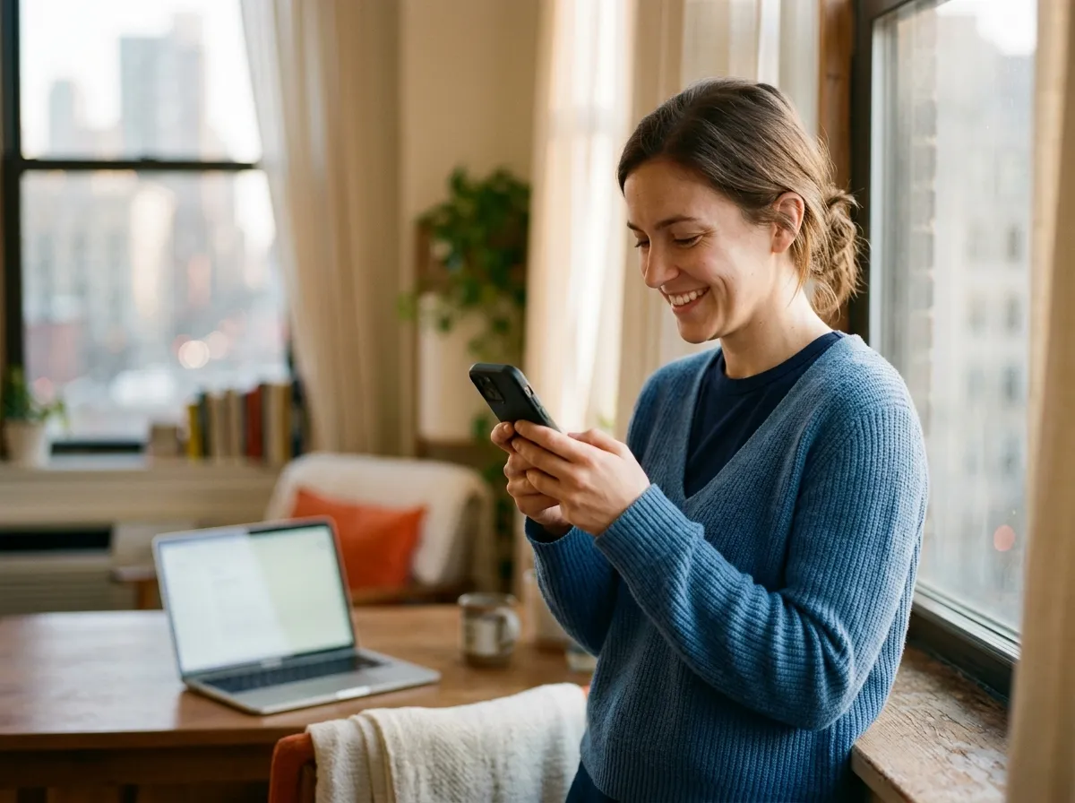 Eine junge Frau lächelt, während sie zu Hause ihre CogniFit-Ergebnisse auf dem Handy liest