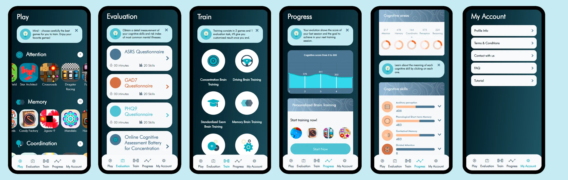 Playwing app screens built with the CogniFit API