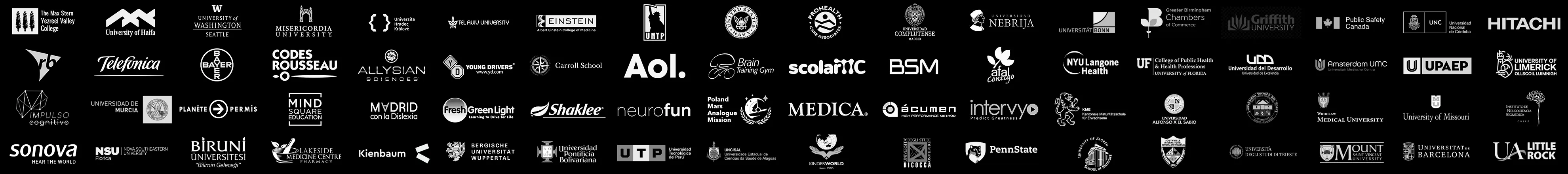 Logos of CogniFit partners and research institutions, including University of Washington, Telefónica, Bayer, Codes Rousseau, Sonova, Aol., Shaklee and Medica