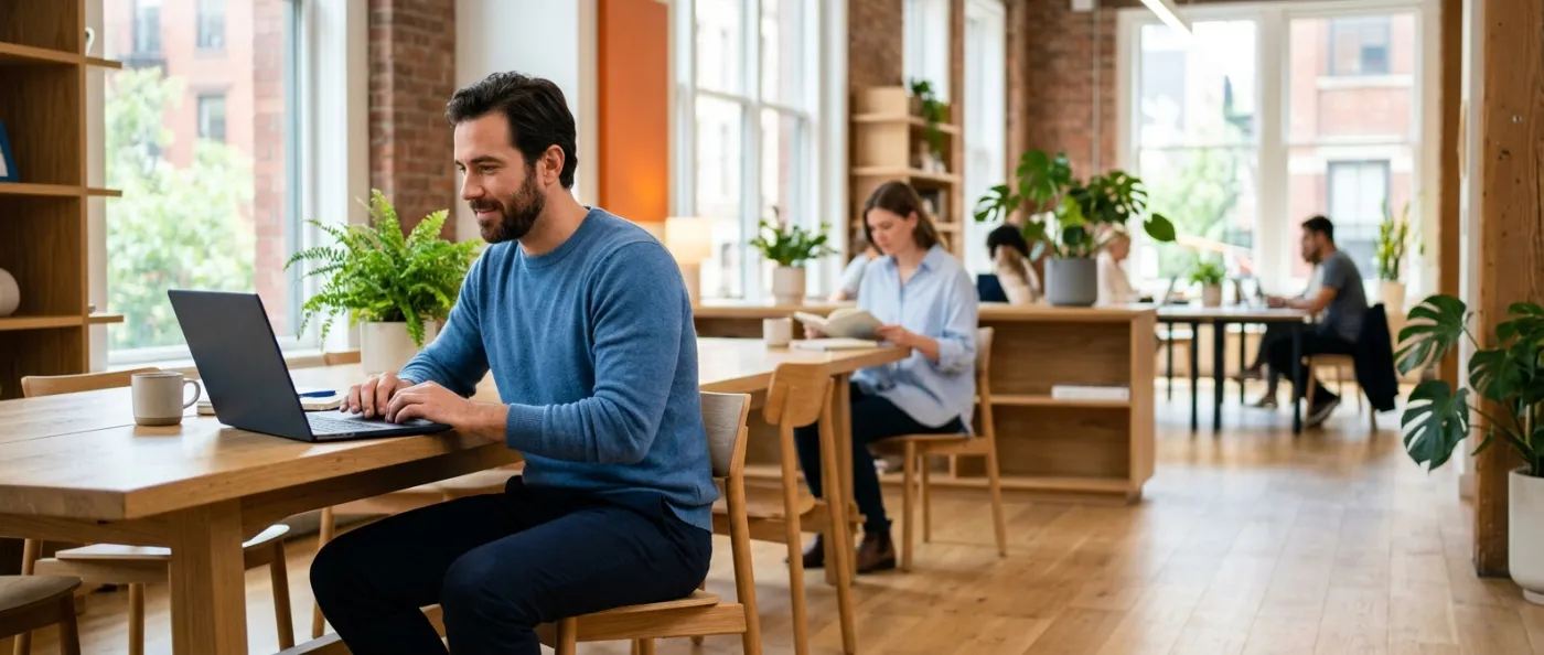A man concentrates on a task on his laptop at a long table in a bright shared workspace.