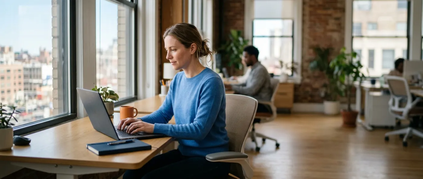A person at a desk by a tall window presses keys on a laptop, concentrating, in a bright office.