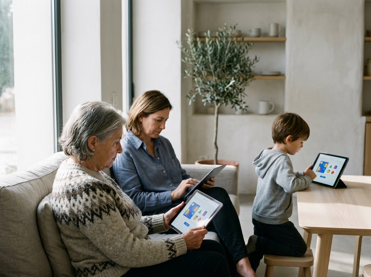 A grandmother, parent and child each use a tablet with a cognitive assessment interface at home, representing brain health measurement across every stage of life.