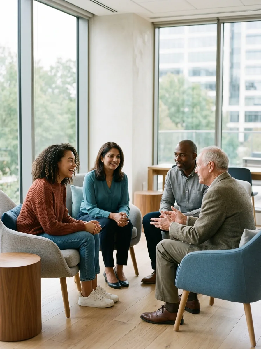 Four adults of different ages sit in a circle talking in a bright room with large windows.