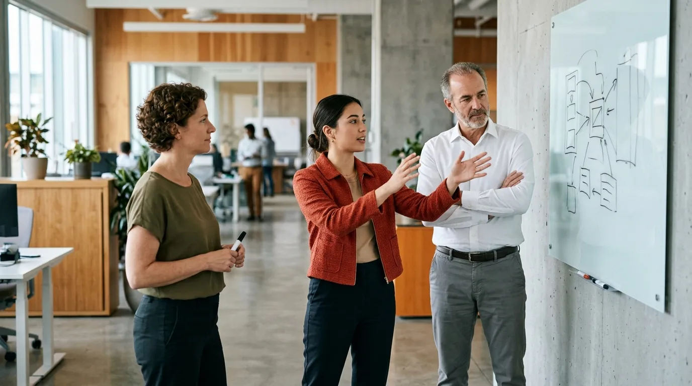Three colleagues discussing an integration sketch around a whiteboard in a modern office
