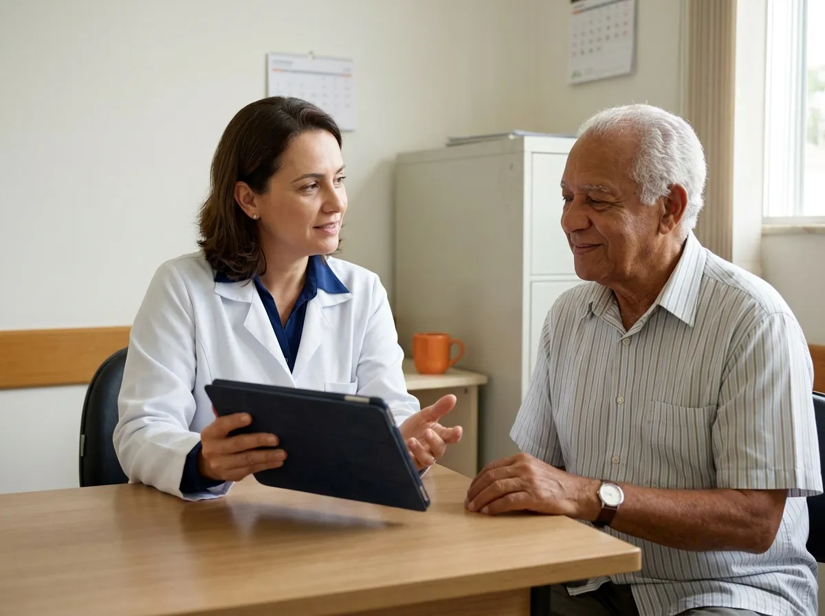 A health professional reviews a cognitive assessment with an older man in a Brazilian primary-care consulting room