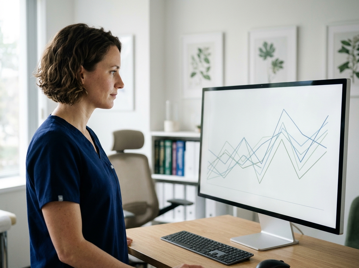 A clinician reviews a longitudinal cognitive-health trend chart on a monitor, representing cognition tracked over time like a vital sign.