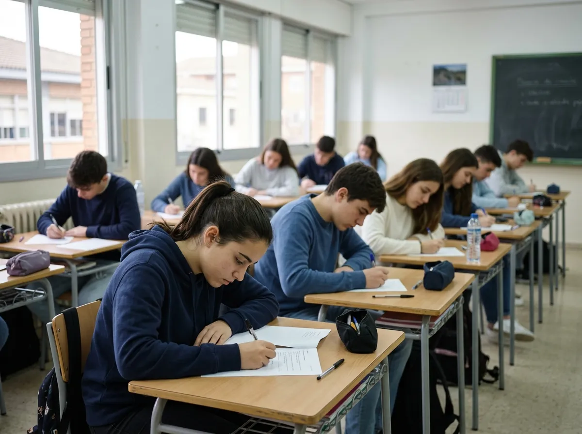 Estudiantes de 15 y 16 años hacen un examen en silencio y concentrados en un aula de instituto