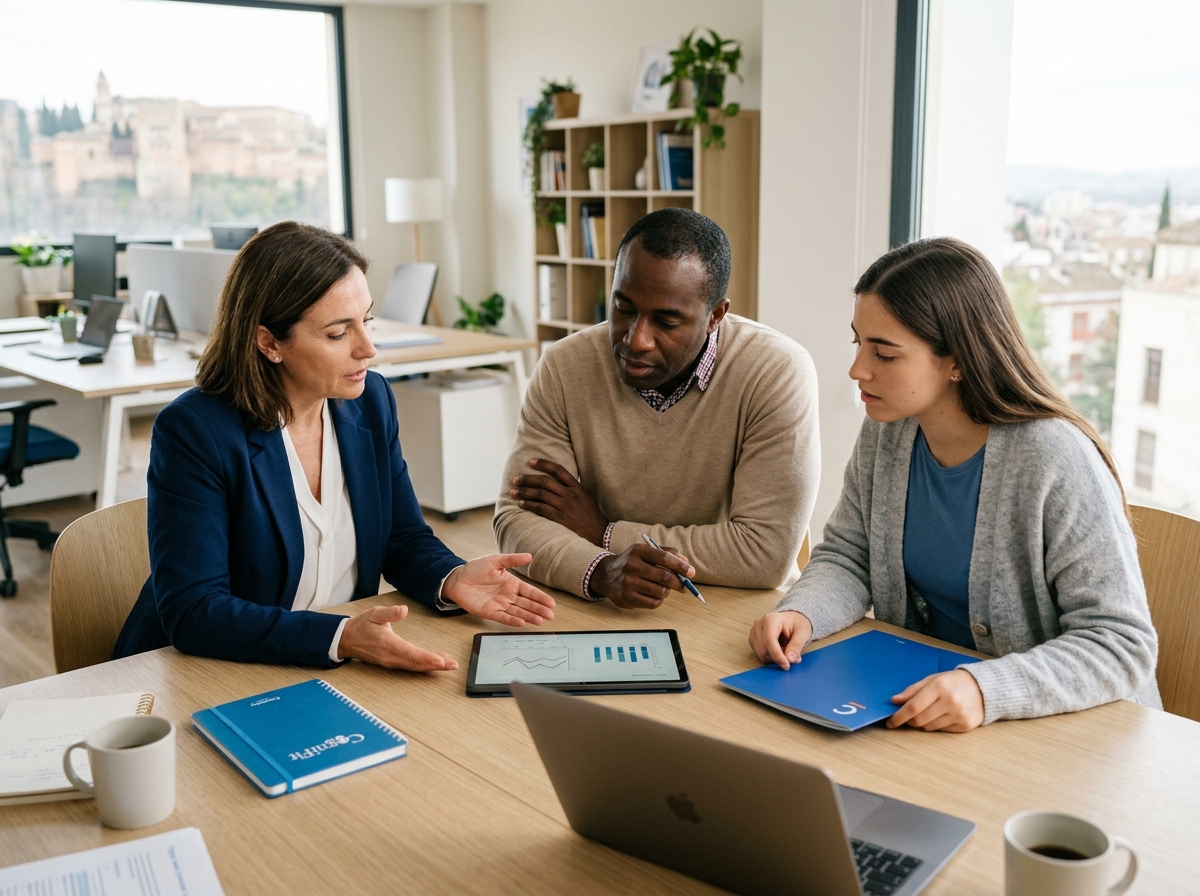 A clinician, a wellness manager and a researcher review cognitive-health data together on a tablet in a bright office.