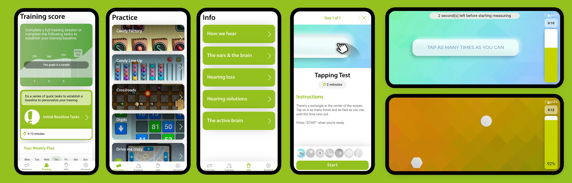 Connect Hearing app screens built with CogniFit